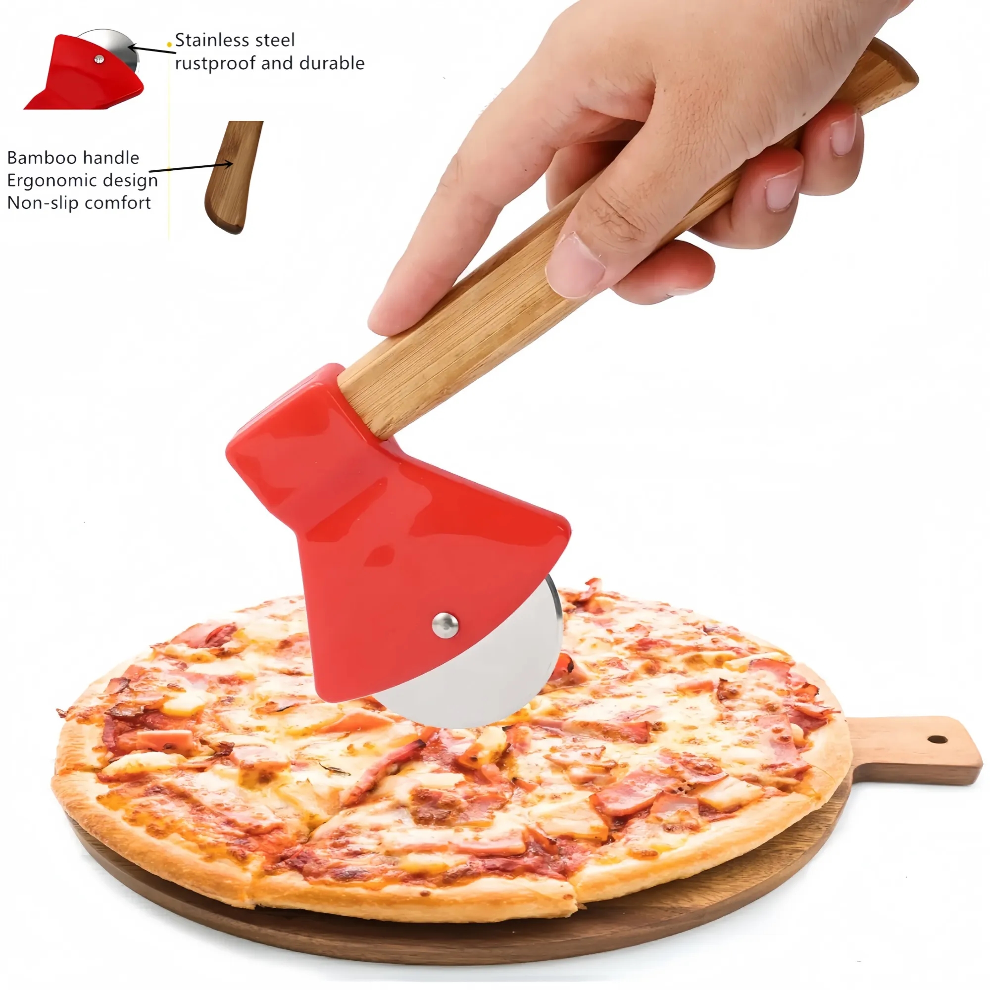 Premium Axe-Style Pizza Cutter with Bamboo Handle 5