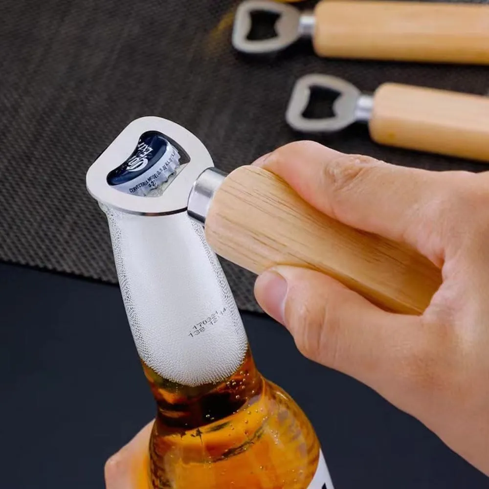 Bartender Wooden Handle Stainless Steel Beer Bottle Openers 3