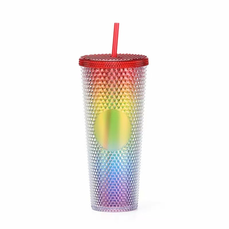 Double Plastic Straw Cup large capacity creative 710ml Durian Cup tie hand cup portable diamond cup 2