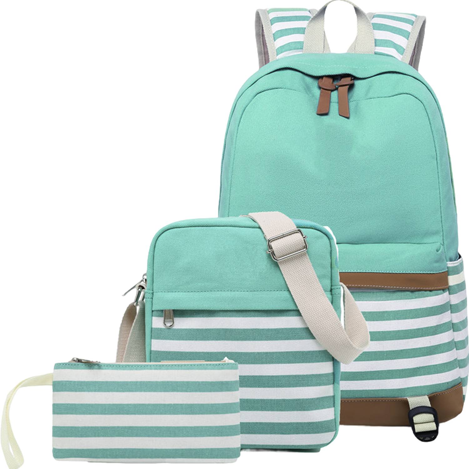 3Pcs Women Lightweight Stripe Canvas Backpack Set 3