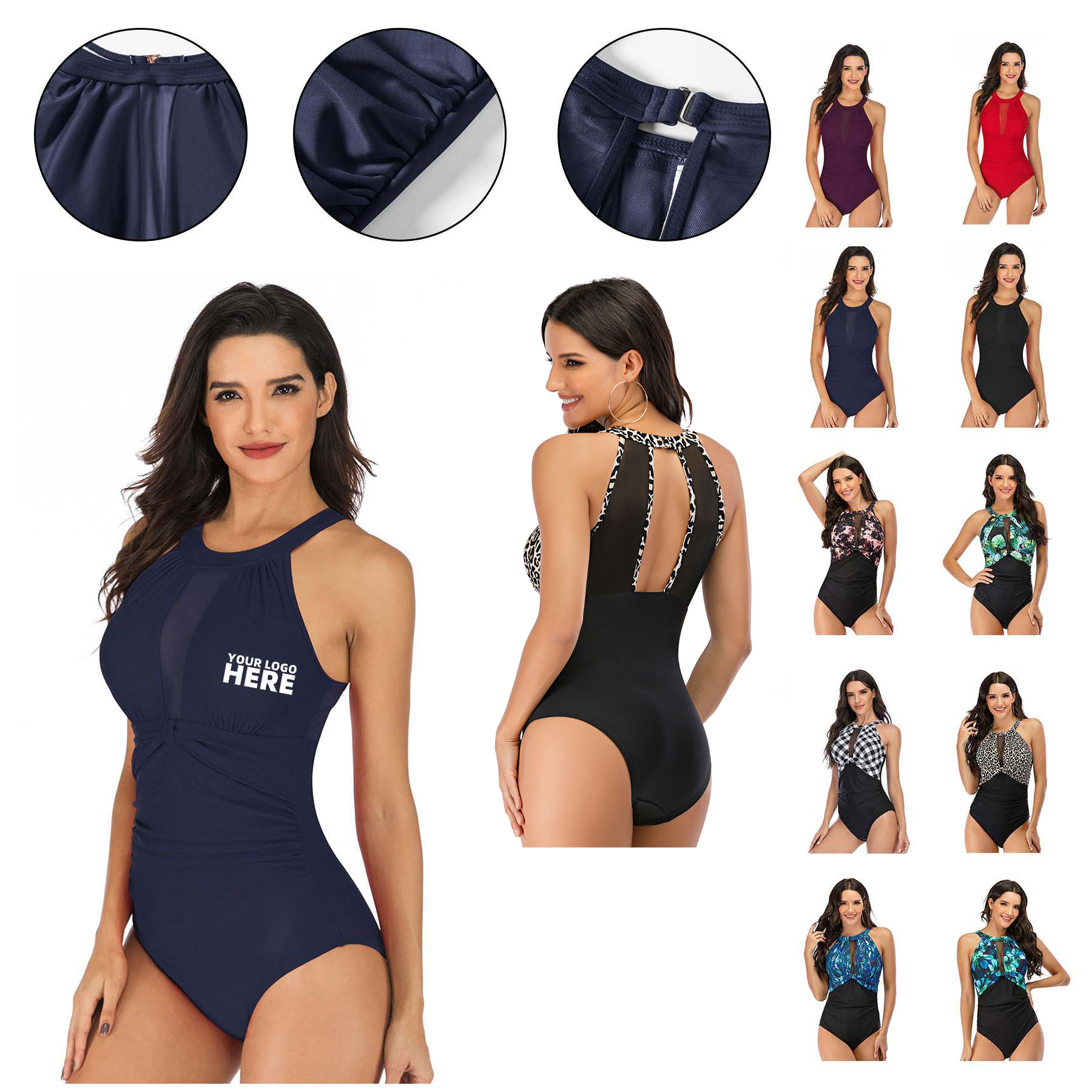 Women One Piece Swimsuit High Neck Plunge Mesh Swimwear 2