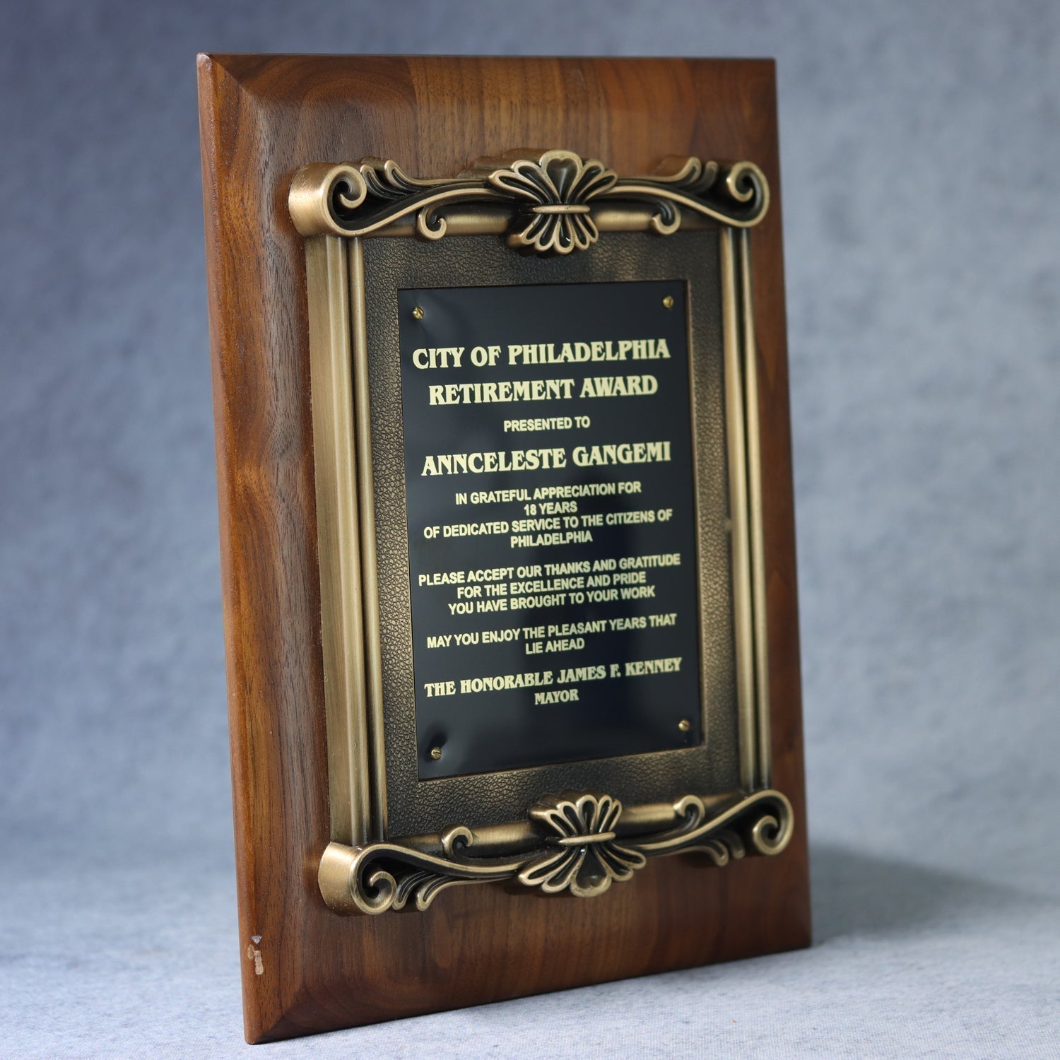 Solid Walnut Plaque With Cast Antique Gold Metal Scroll Frame 2
