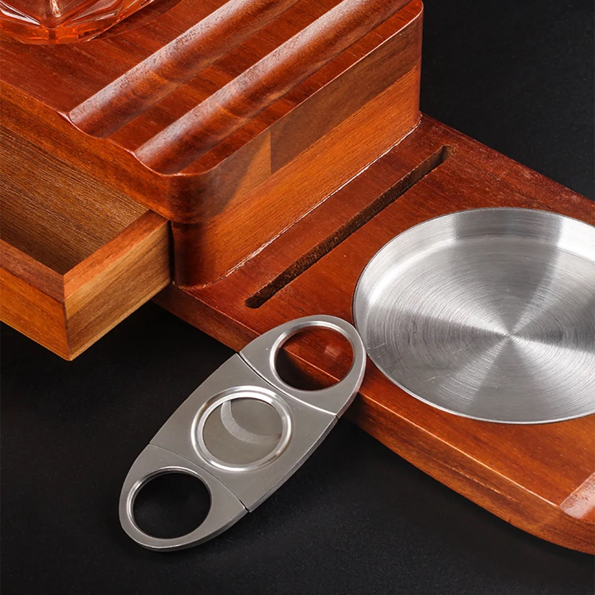 Wooden Cigar Humidor Ashtray Coaster Whiskey Glass Tray Set 3