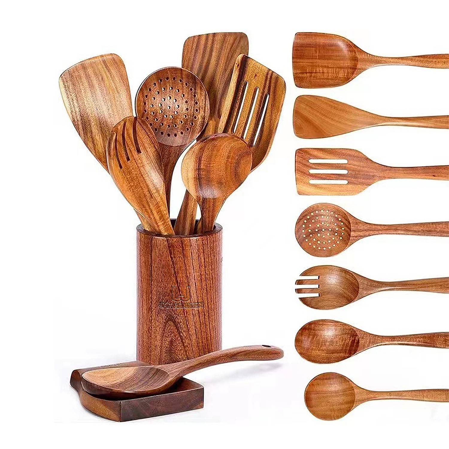 9 Piece Natural Teak Wooden Kitchen Utensil Set with Holder 2