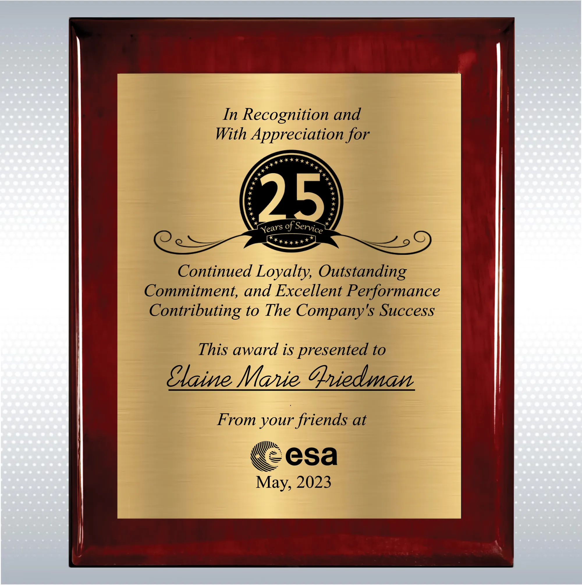 Rosewood Piano Finish Wood Plaque  Years of Service Award 15