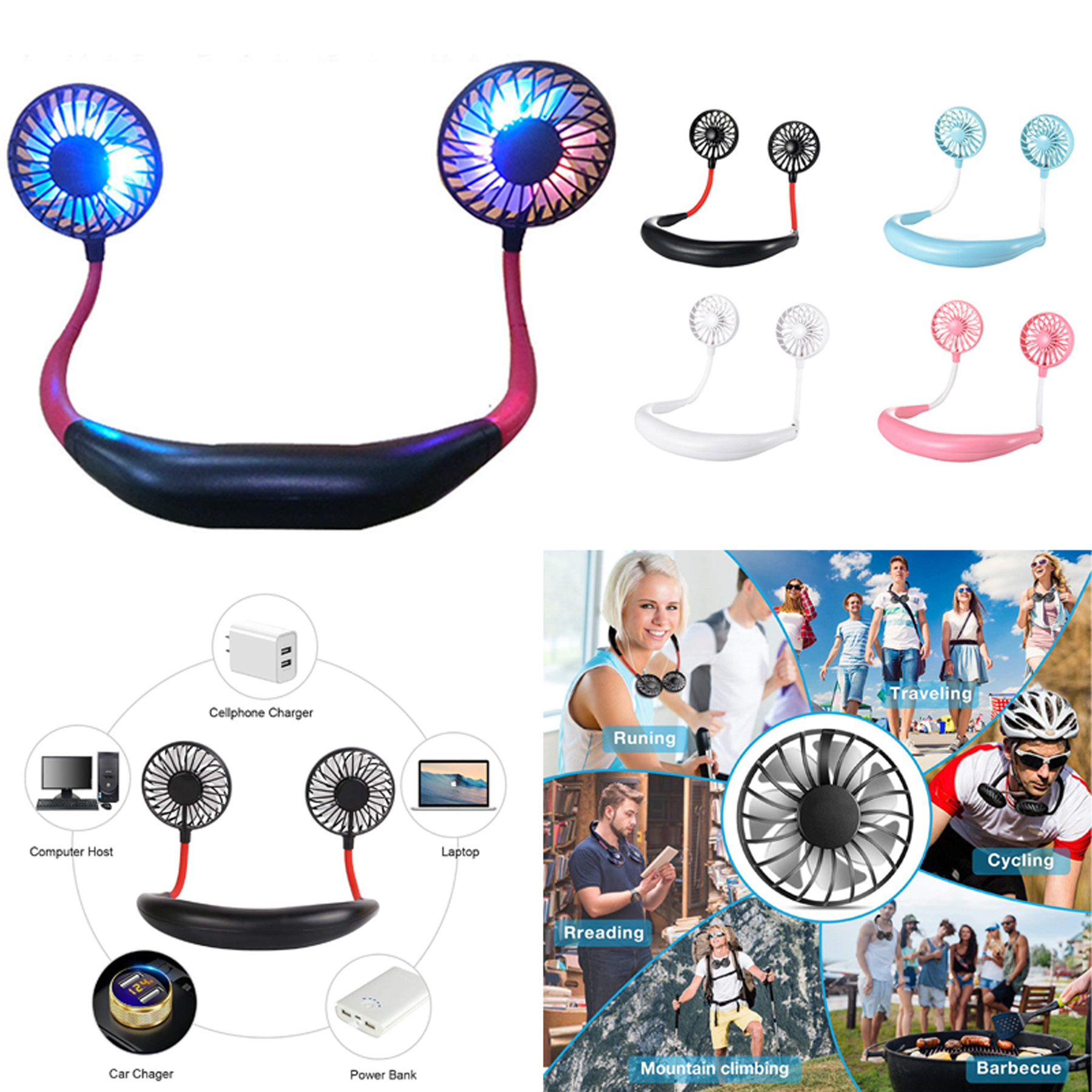 USB Rechargeable Neckband Fan With LED Light 3
