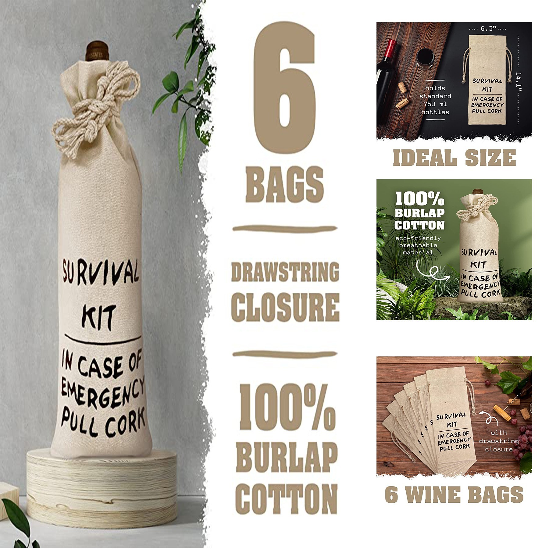Cotton Wine Survival Kit Bag, custom tote bag with logo imprint 4
