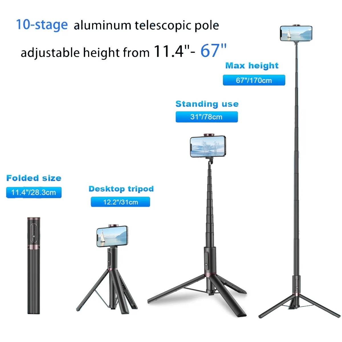 67" Cell Phone Selfie Stick Tripod 2