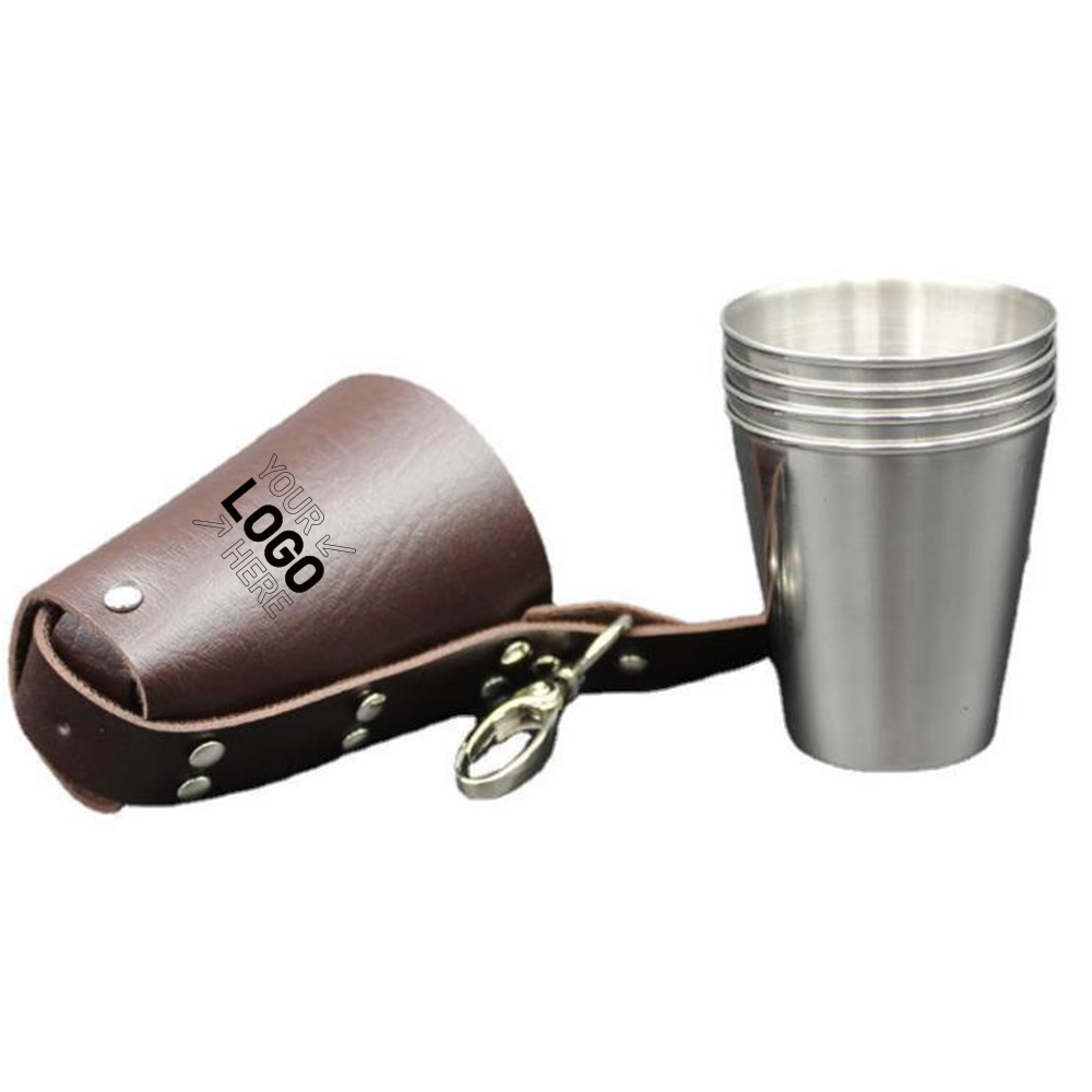 4 Stainless Steel Cups With Leather Holder Keychain 3