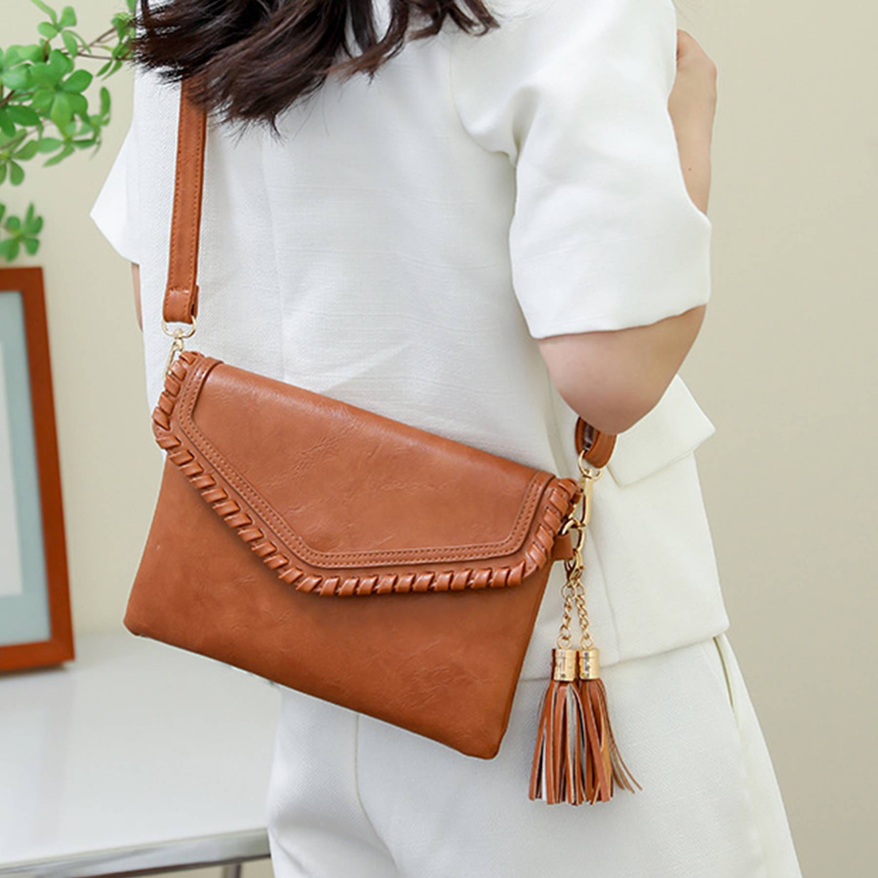 Women's PU Leather Envelope Purse Messanger Bag With Tassels 8