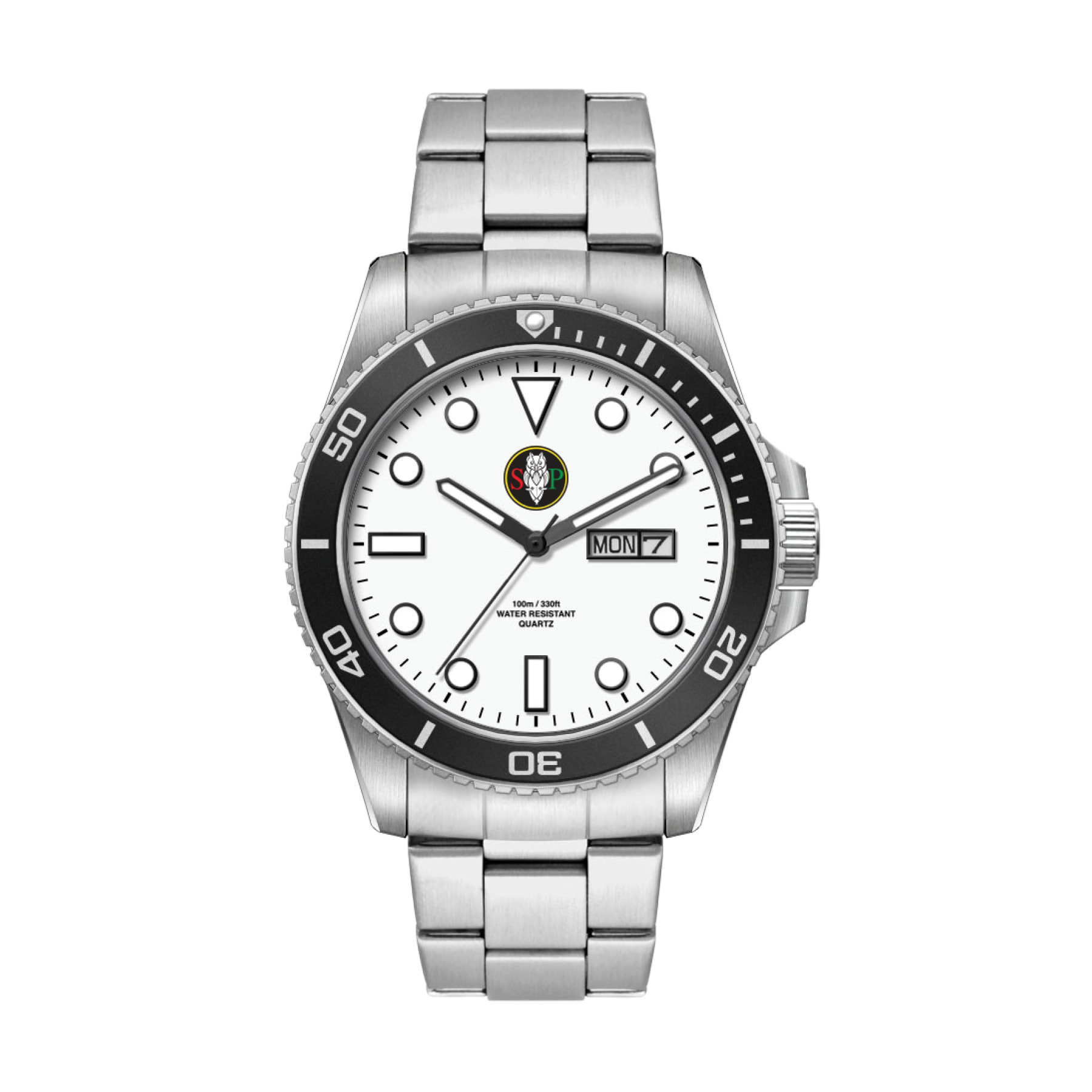 42.5MM, SS, SILVER CASE, BK BEZEL,  3-HAND MVT, DAY-DTE 3