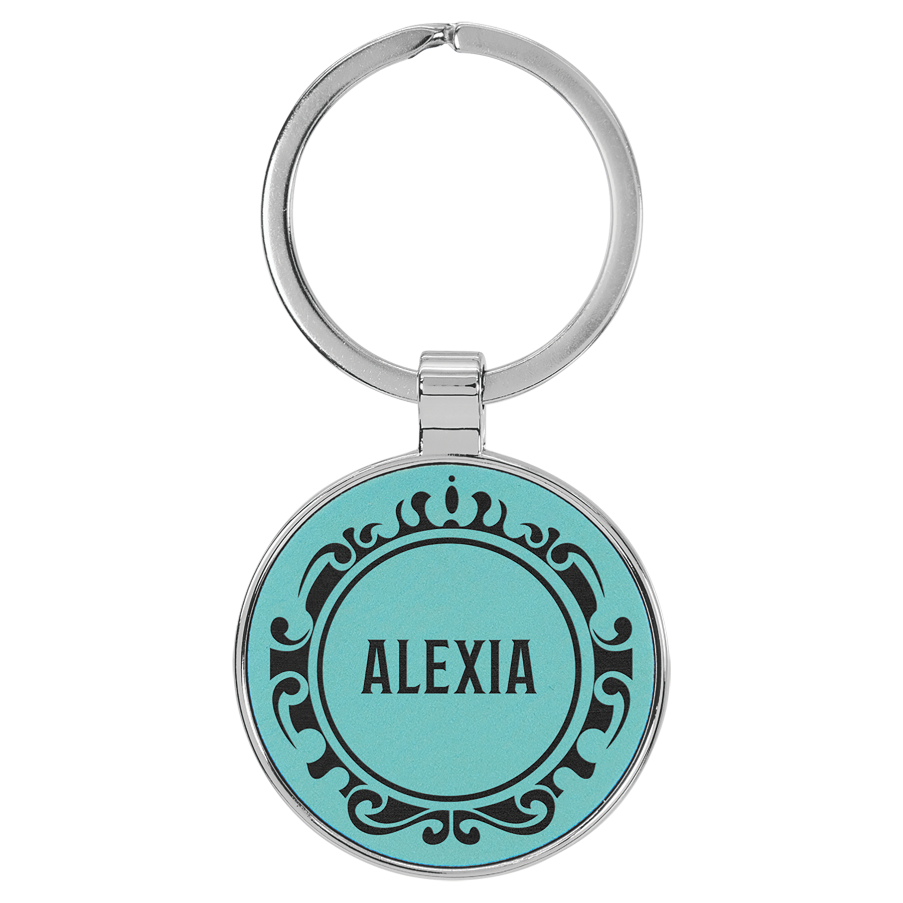 1 1/2" Leatherette/Metal Teal Round Keychain 1