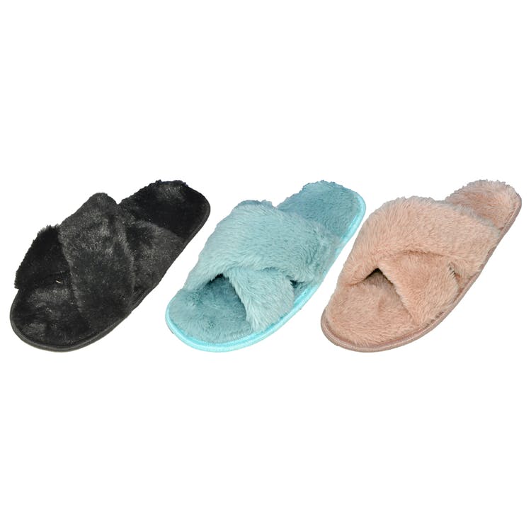 Women's Fuzzy Slippers - Assorted Cross Strap 2