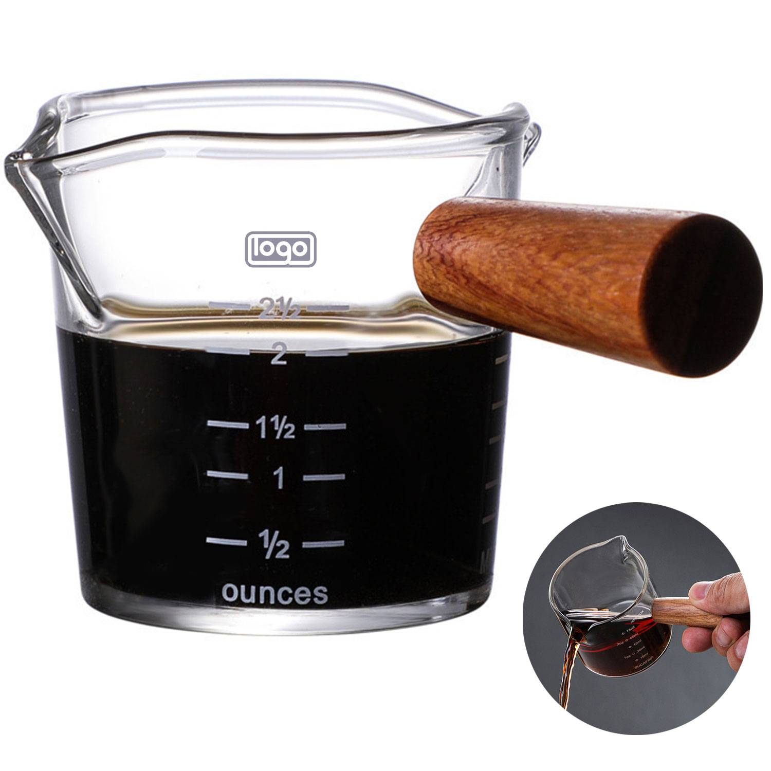 3 Oz Glass Double Spouts Measuring Cup with Wood Handle 2
