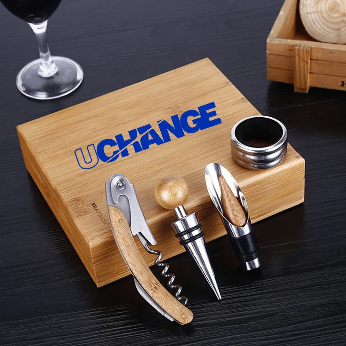 Bamboo Chess Board Wine Accessories Gift Set 3