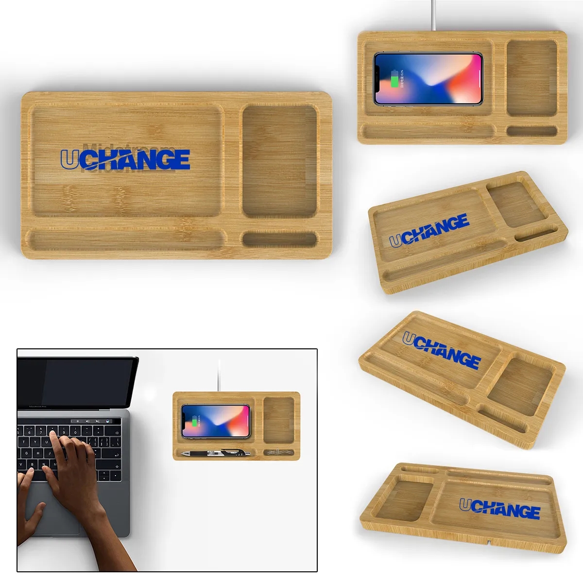 Bamboo Wireless Charging Desk Tray Organizer 15W 6