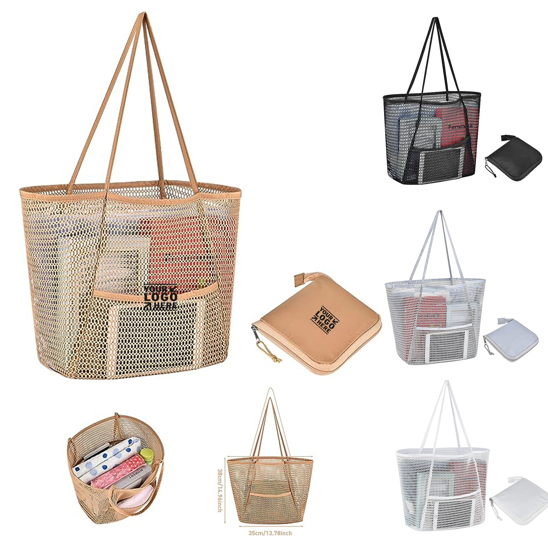 Women Multiple Pockets Mesh Beach Tote Bag
 2