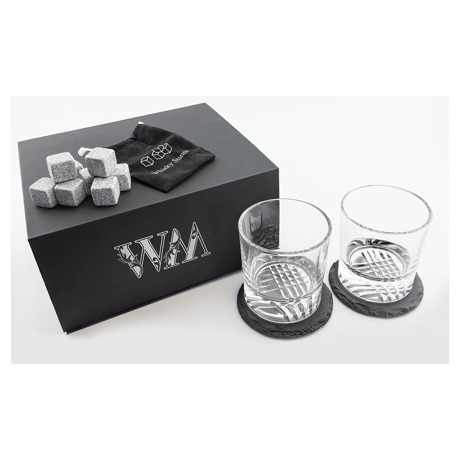 Whiskey Set with Two 9 oz. Glasses, Two 4" Slate Coasters, and 8 Granite Whiskey Stones with a Bag 1