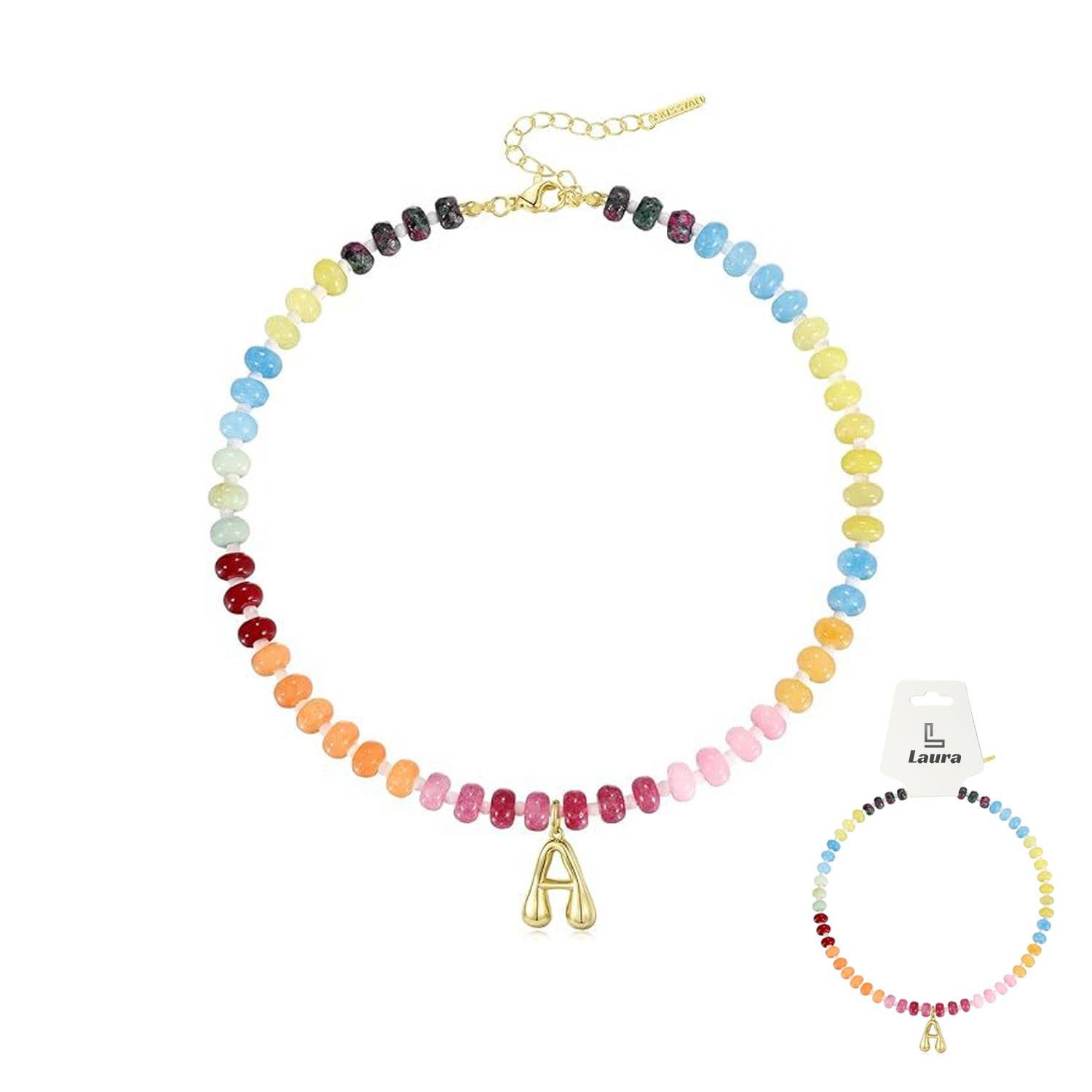 14K Letter Pendant Necklace Colorful Beaded Choker 4