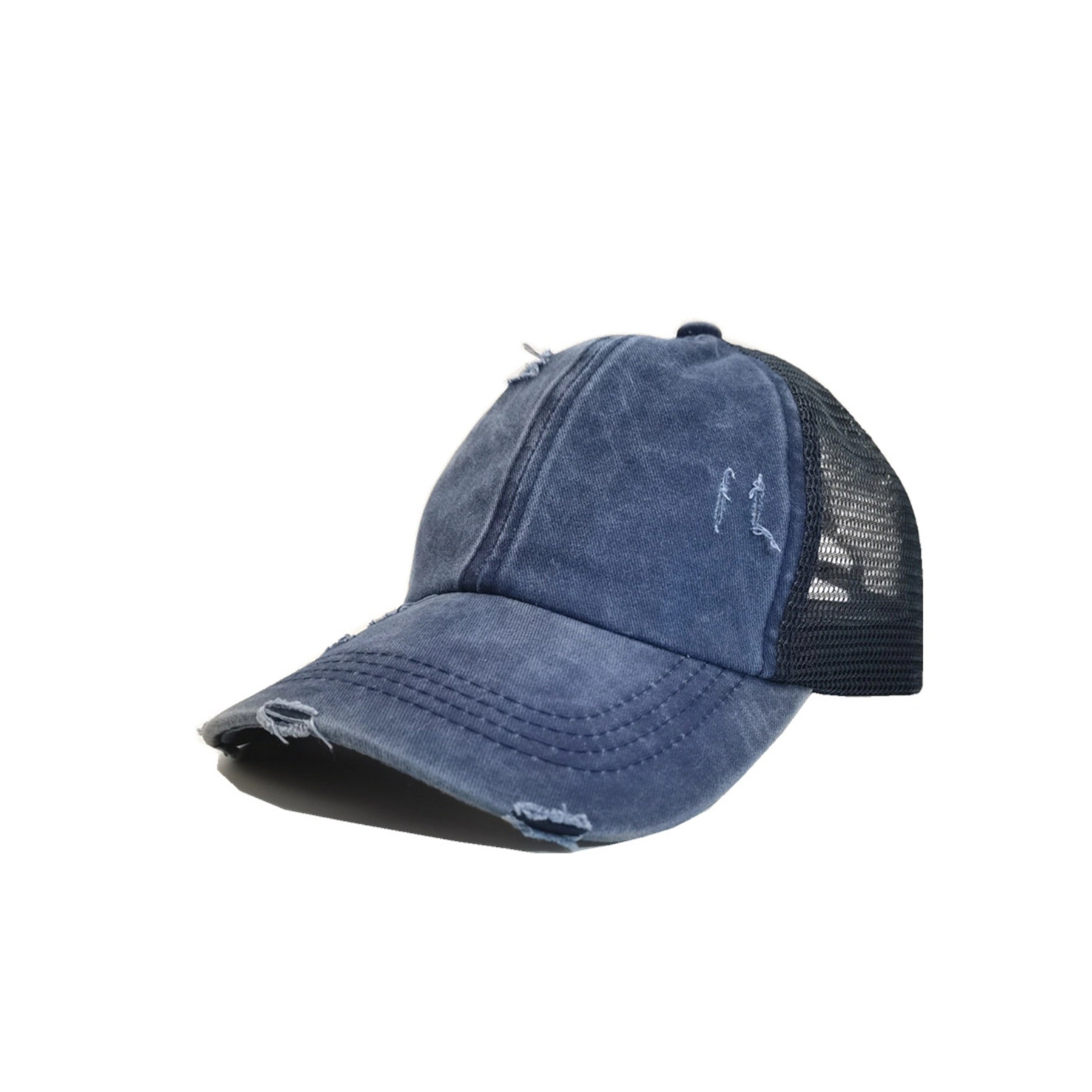 Leather Patch Distressed Ponytail Trucker Cap 2