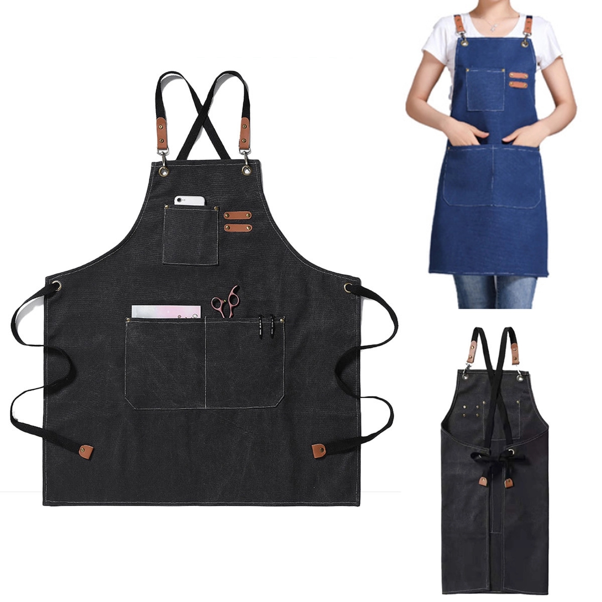 Denim Aprons with Cross Back Adjustable Straps 5