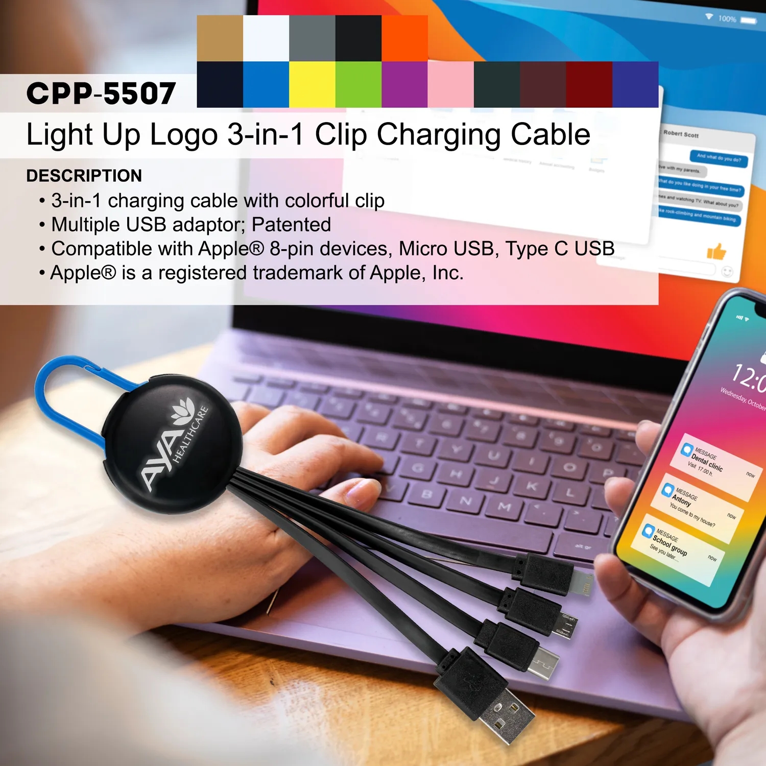 LIGHT UP LOGO CLIP 3 IN 1 CHARGING CABLE 12
