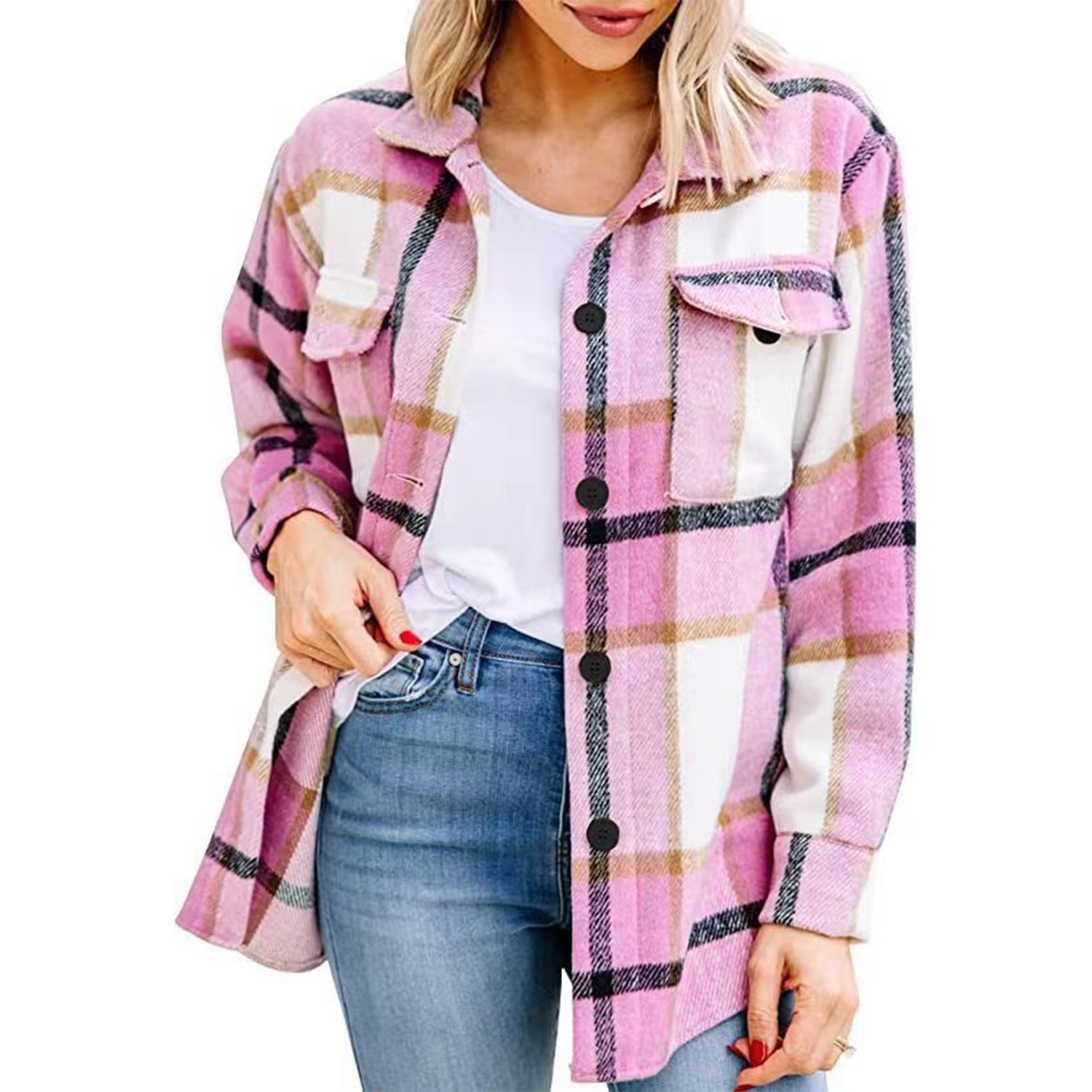 Casual Plaid Shacket Button Down Long Sleeve Shirt 3