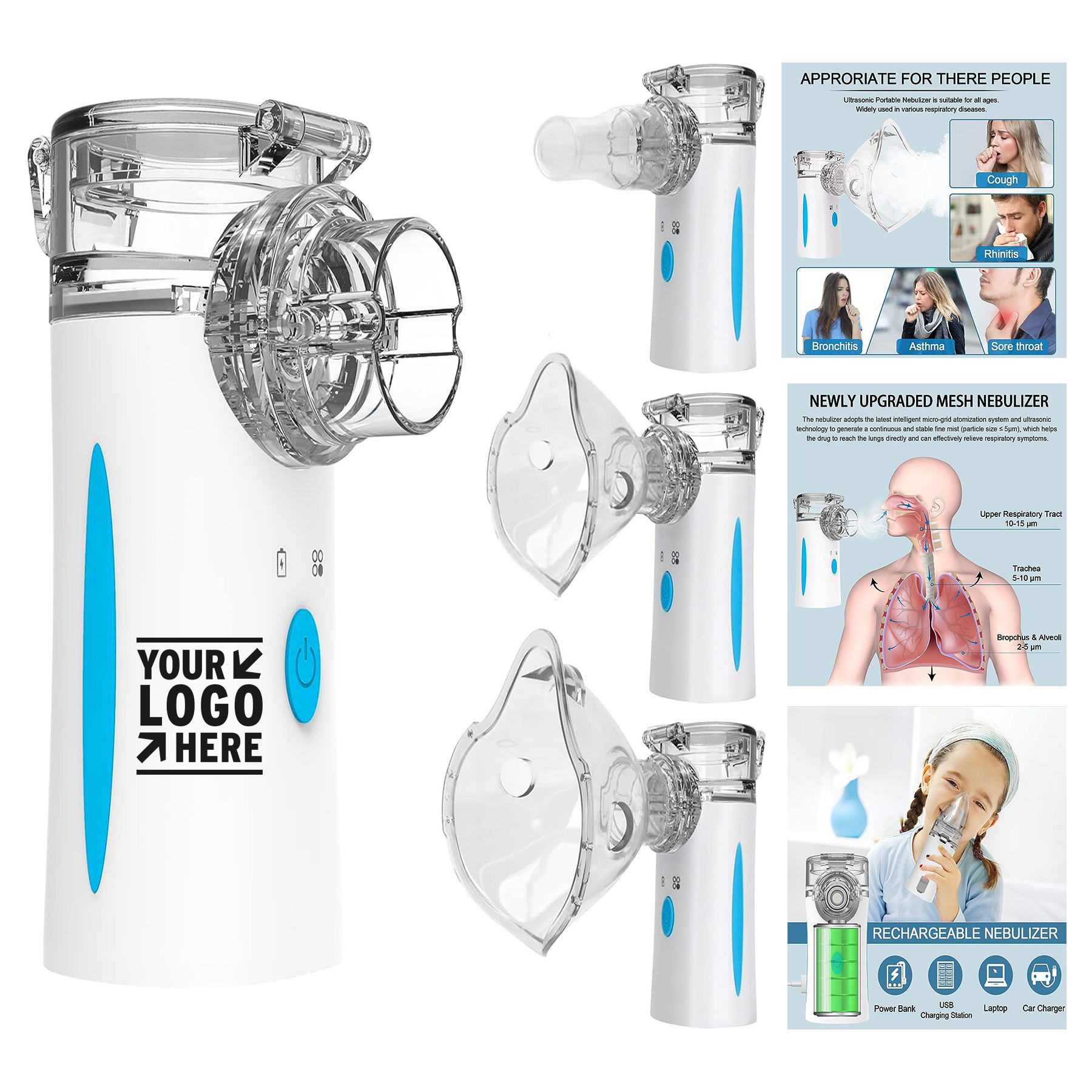 Adult Kid Portable Rechargeable Self-Cleaning Ultrasonic Mesh Nebulizer Machine with Two Modes 