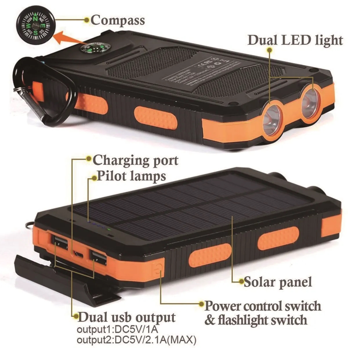 Portable Solar Charger Waterproof Power Bank w/ Flashlights 2