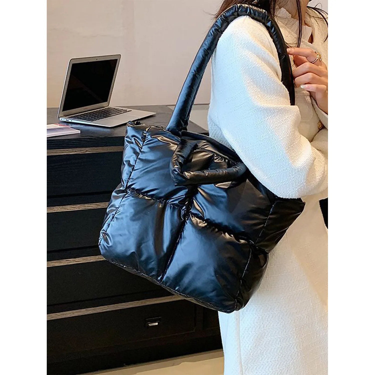Quilted Puffer Down Cotton Winter Tote Bag 2