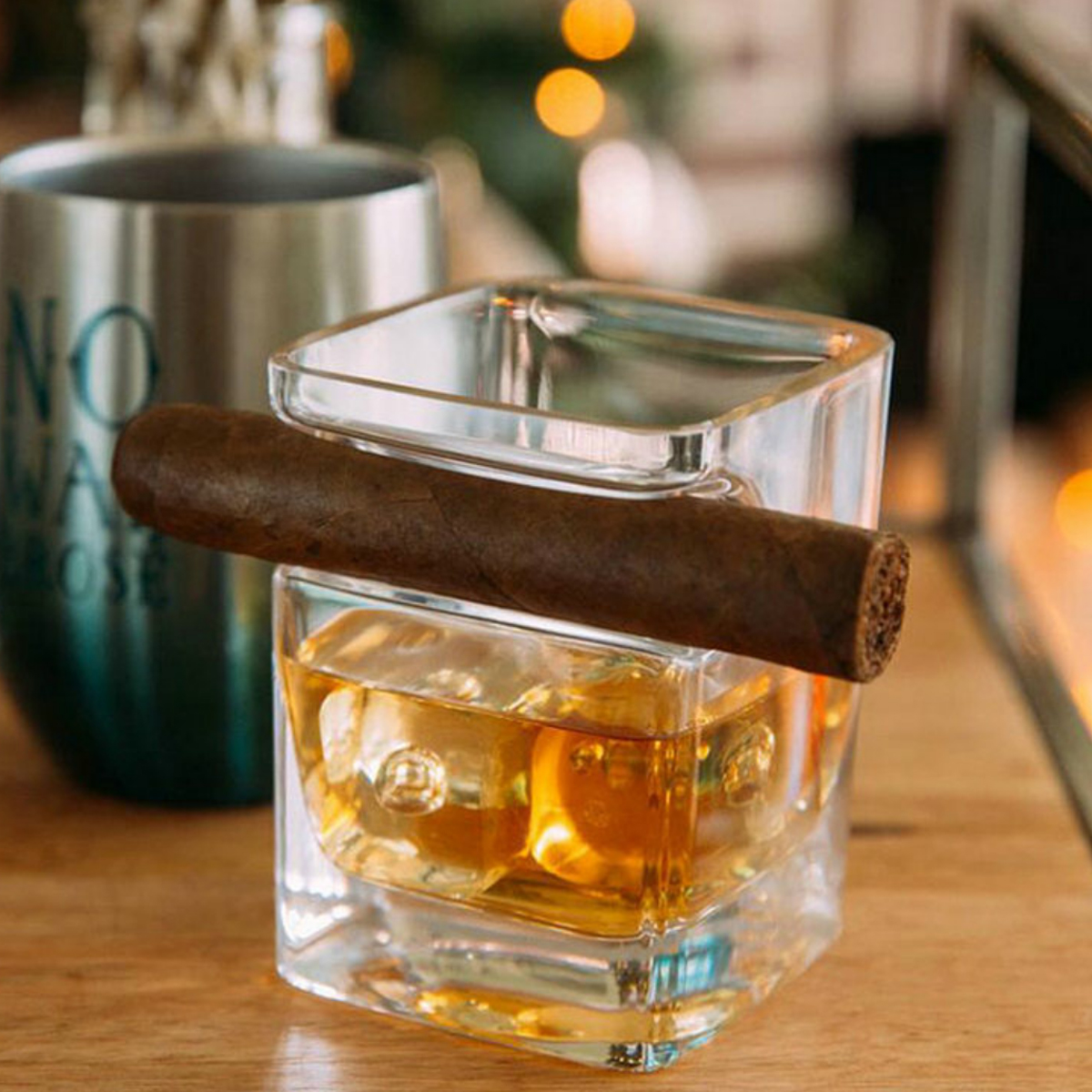 Square Retro Fashioned Whiskey Glass with Cigar Rest 3