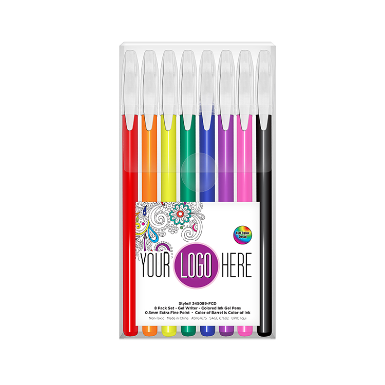 8ct Gel Writers™ - 0.5mm Extra Fine Point Gel Pens in Clear Plastic Box with Full Color Deca