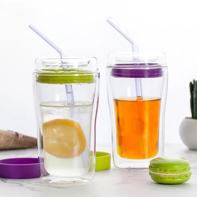 Double Wall Glass Juice Cup w/ Glass Lid & Straw 10 oz 7
