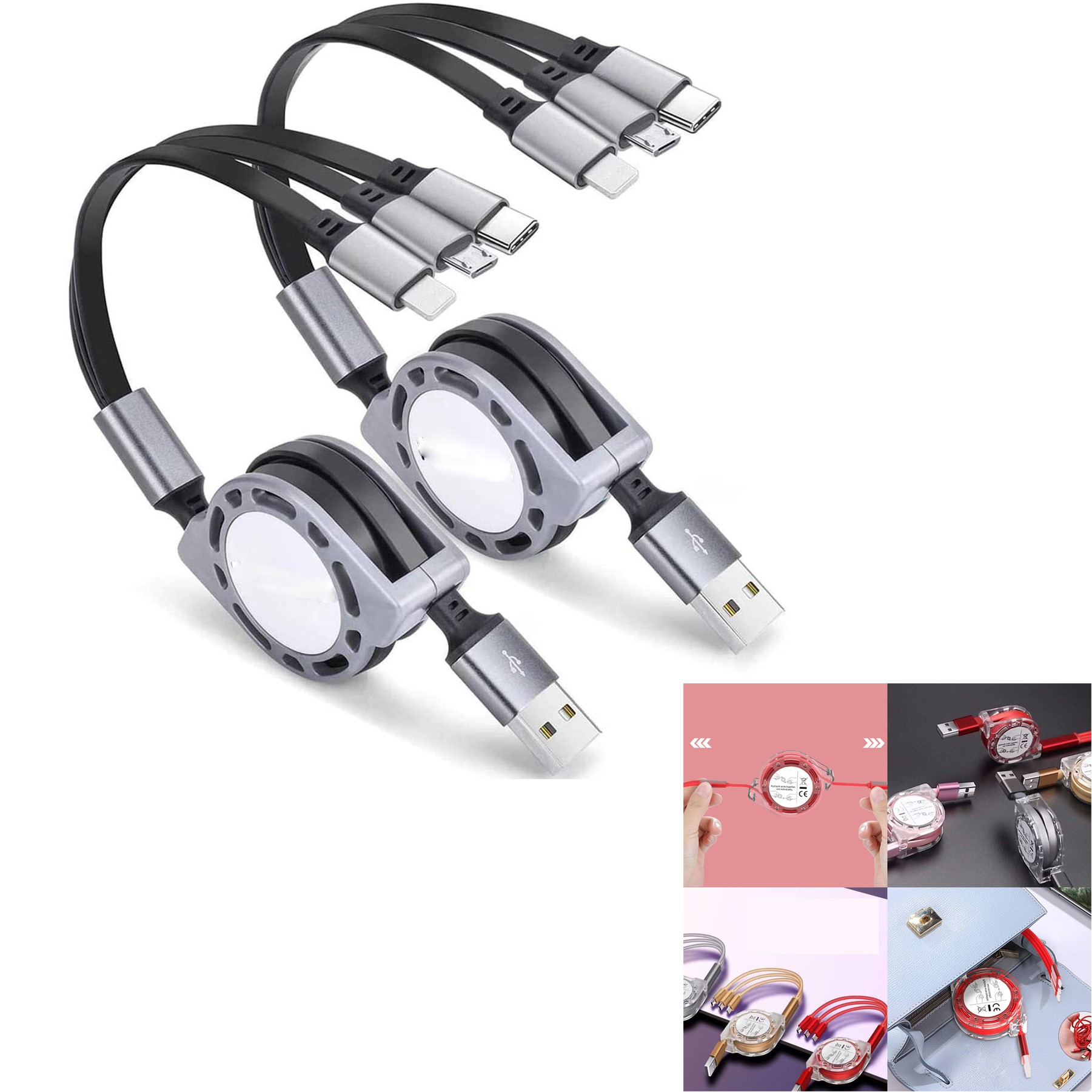 3 in 1 Retractable Charging Cord Multi USB Cable Fast Charger Cord 2