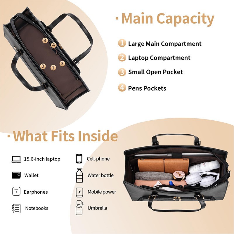 PU Leather Laptop Tote Bag with Insulated Lunch Compartment 3