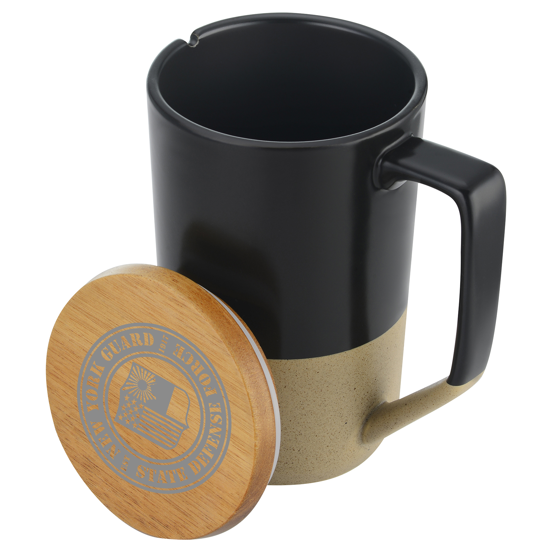Imari Modern Two-Tone 15oz Mug with Curved Handle and Wood Lid 15