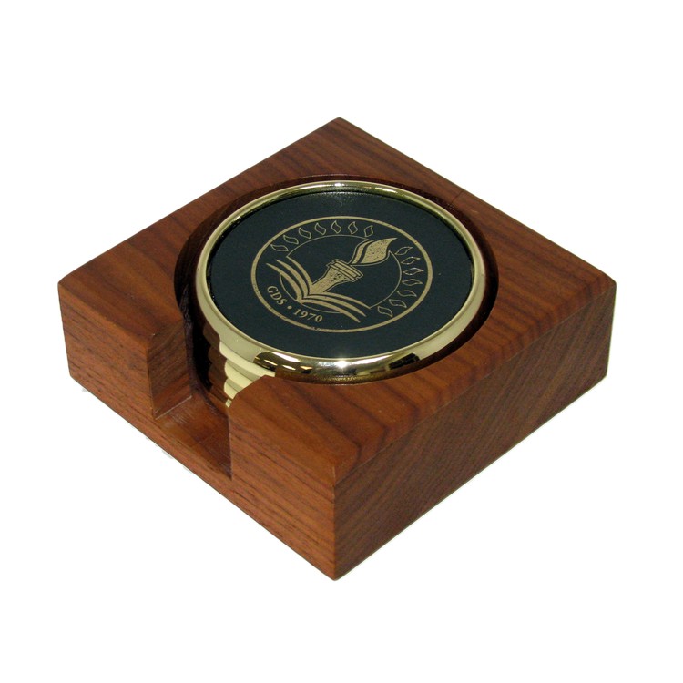 Metal & Leather Coaster Set in Wood Holder 13