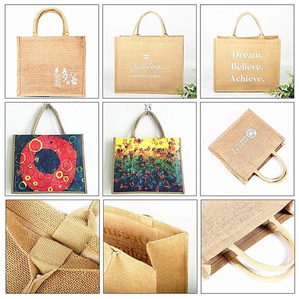 Reusable Jute Shopping Tote Bag with Bamboo Handles 5