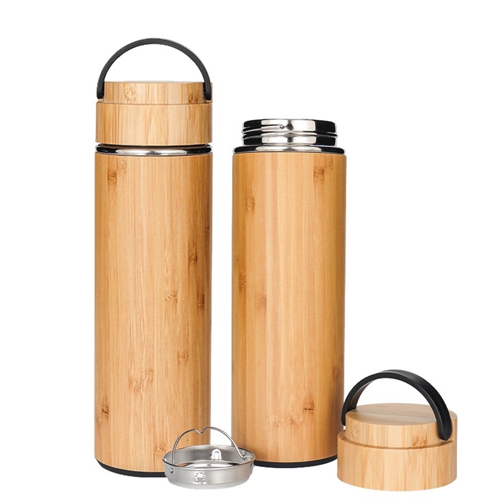 15 oz Vacuum-Sealed Bamboo Water Bottle with Plastic Handle 4
