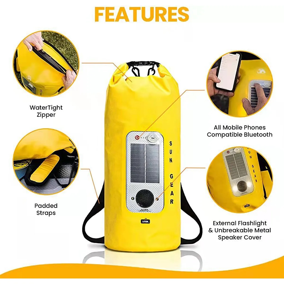 20 L Waterproof Roll Top Storage Dry Bag With Speaker LED 4