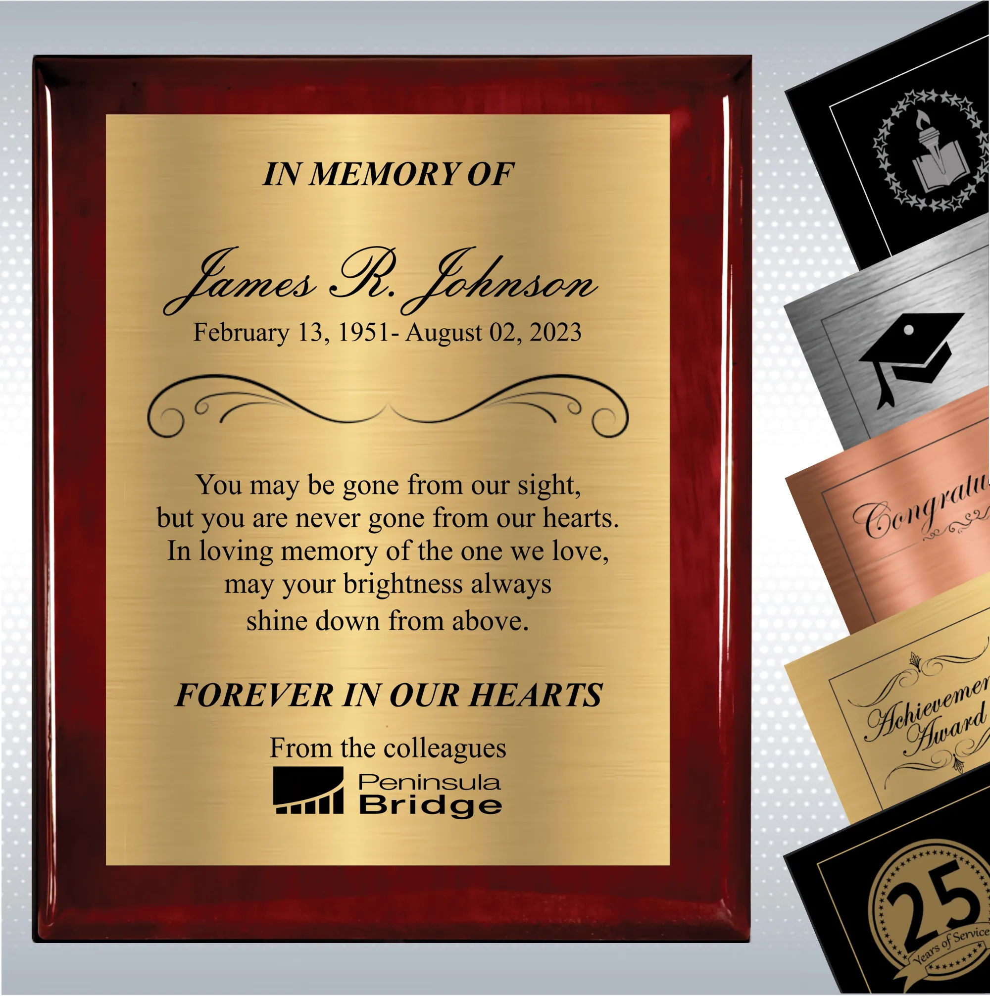 Rosewood Piano Finish Wood Personalized Memorial Plaque Gift 2