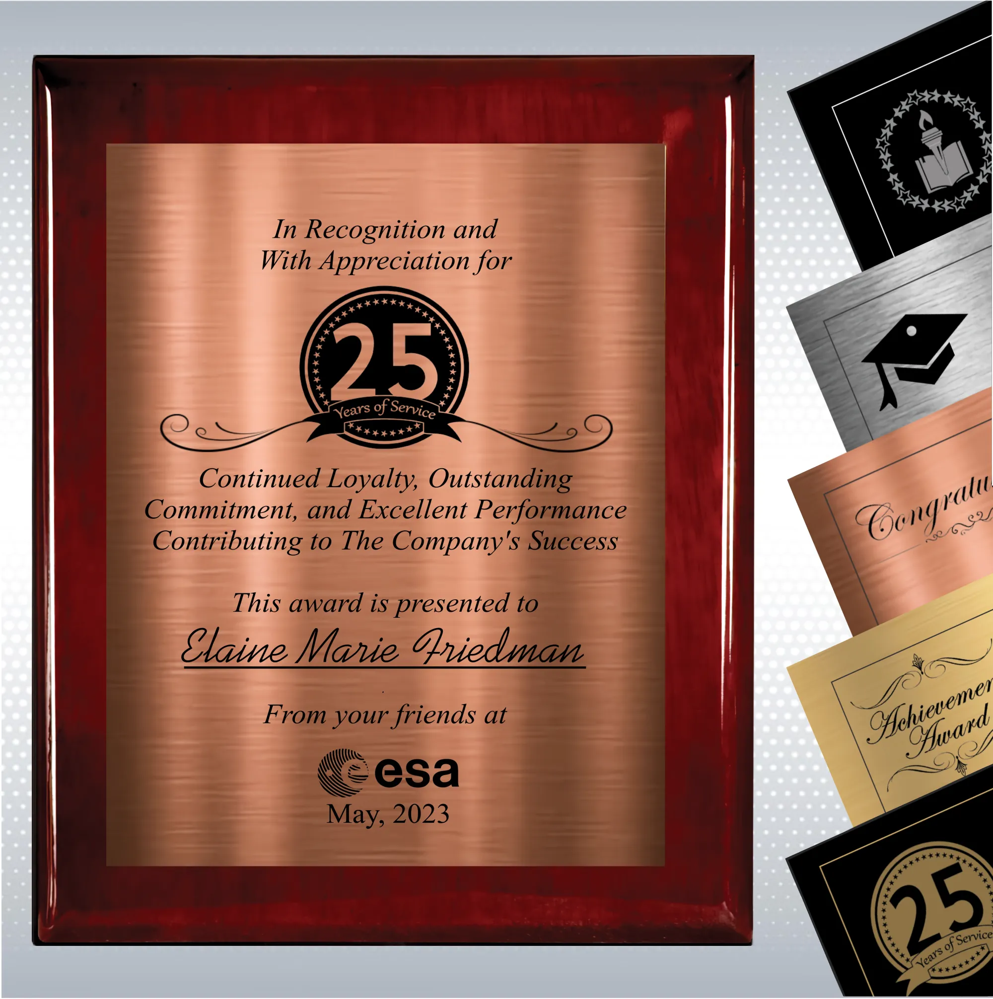 Rosewood Piano Finish Wood Plaque  Years of Service Award 5