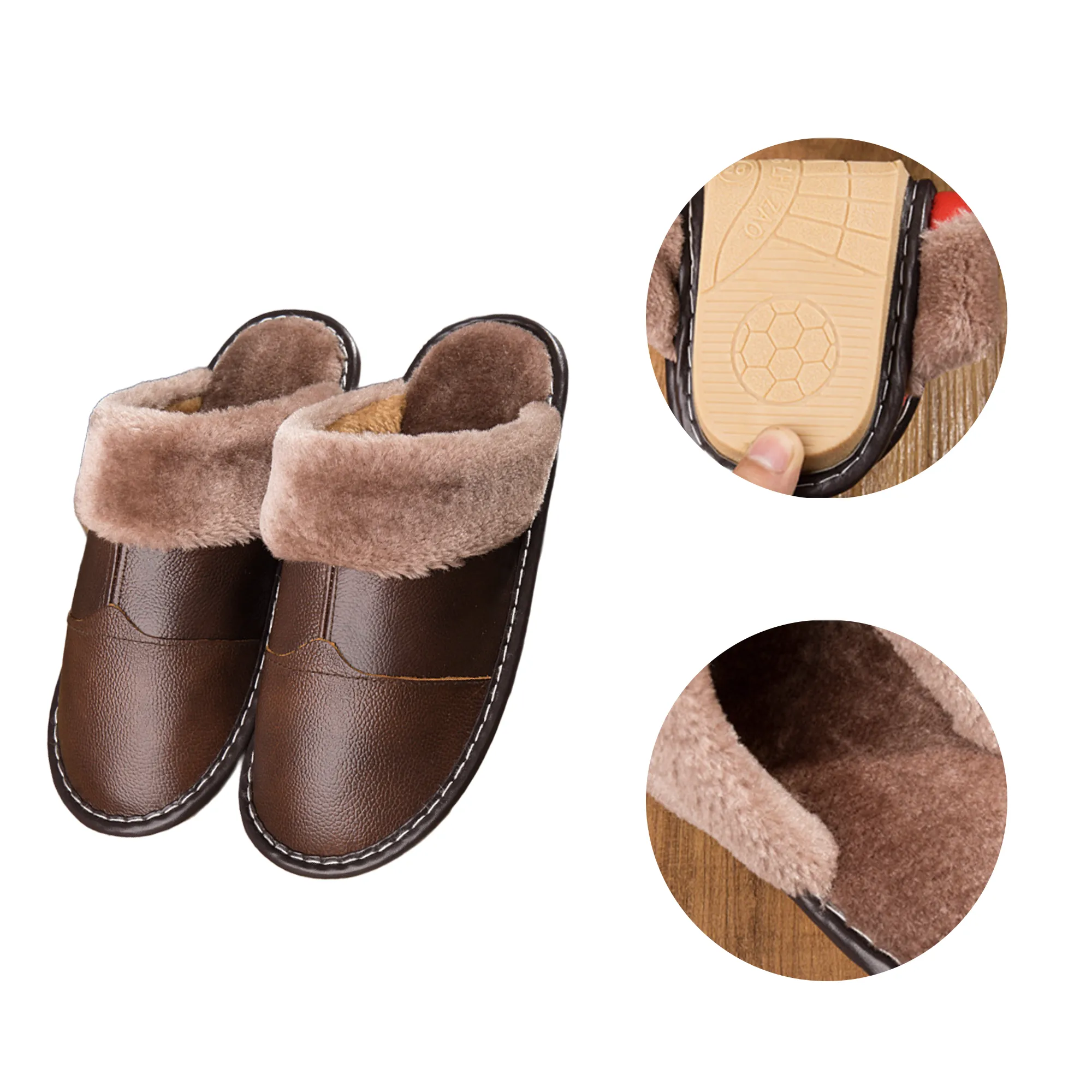 MOQ 10 PCS Winter Genuine Leather Warm Slippers 2