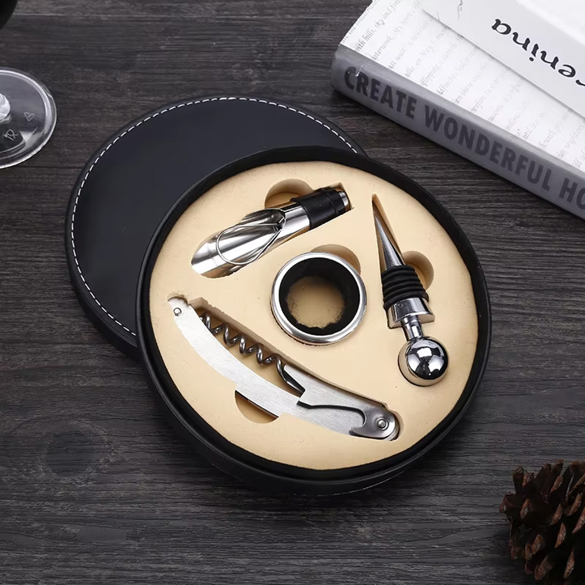 4-Piece Wine Tool Gift Set in Round Leather Case 5