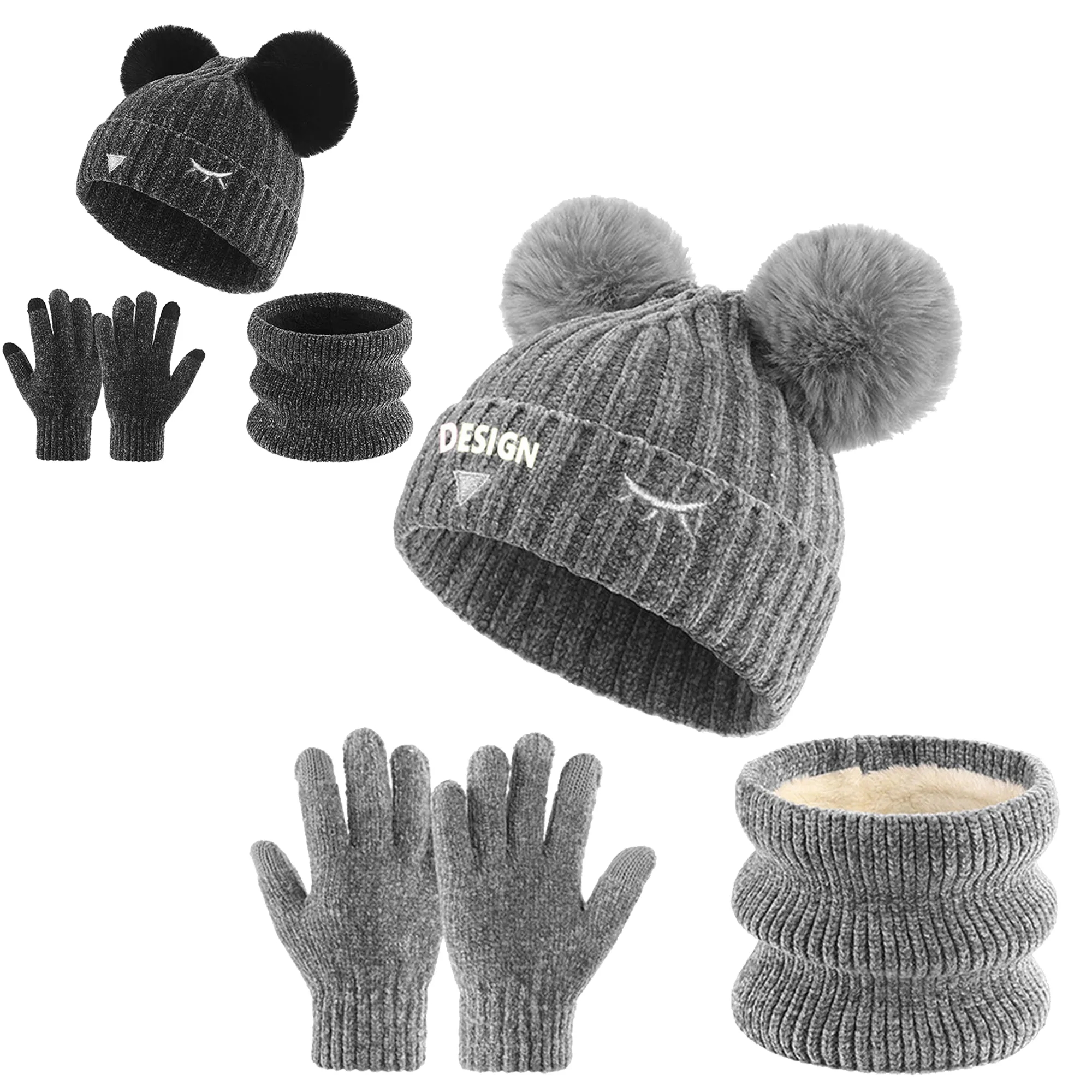 Kids' 3-Piece Winter Velvet Warm Knit Hat, Scarf & Glove Set 2