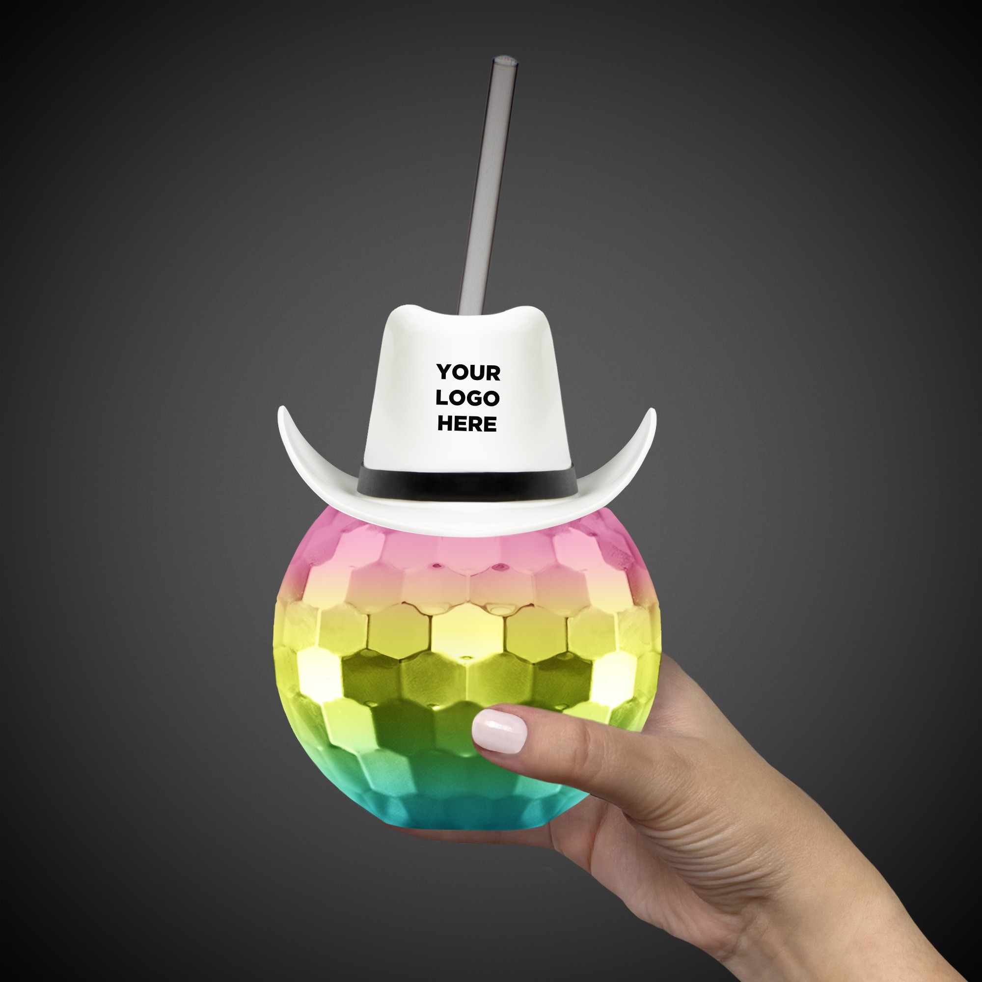 Disco Ball Cup Rainbow w/Straw and White Hat(hat not assembled)(Imprintable) 3