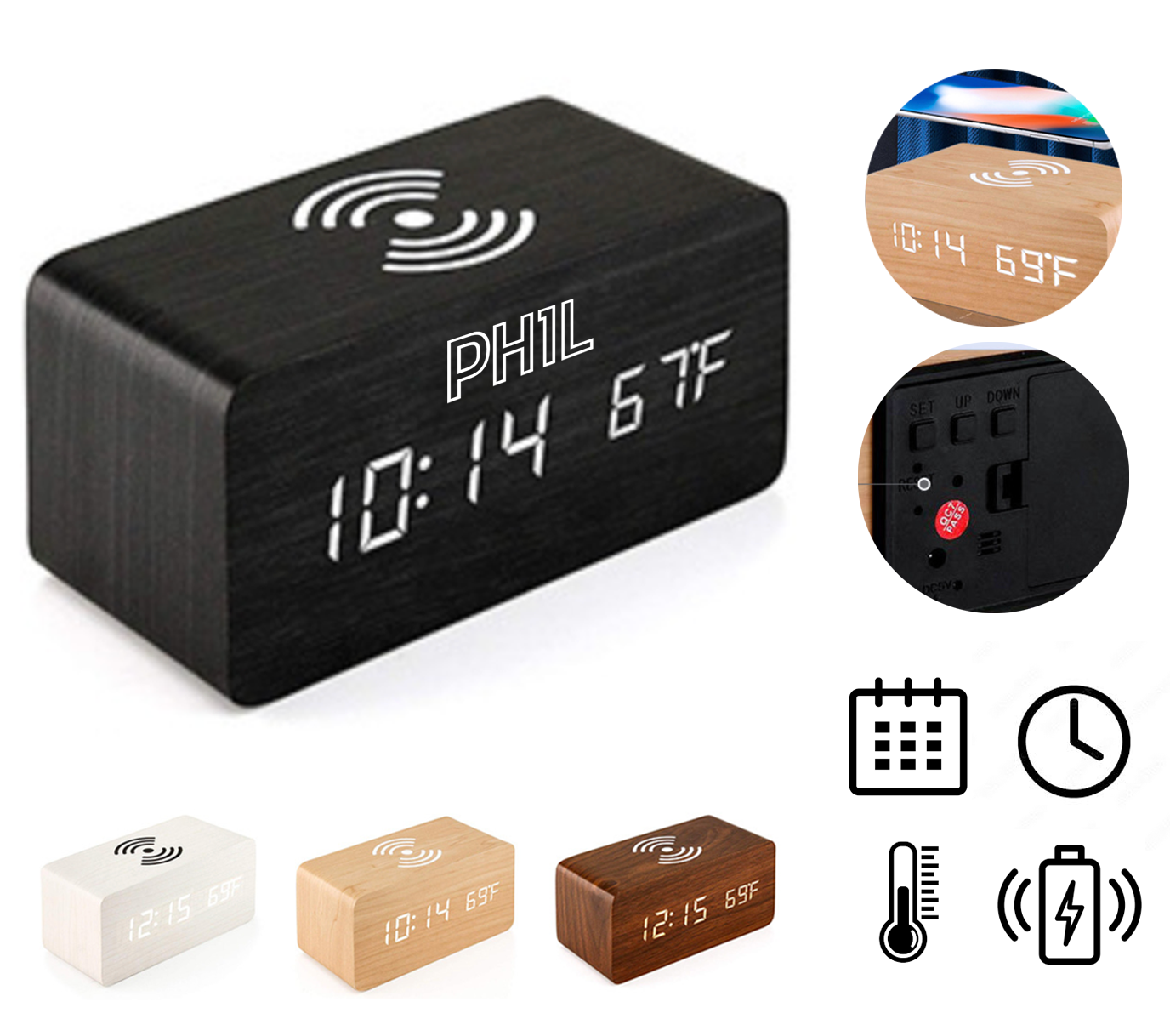 Wooden LED Alarm Clock with Wireless Charger 2