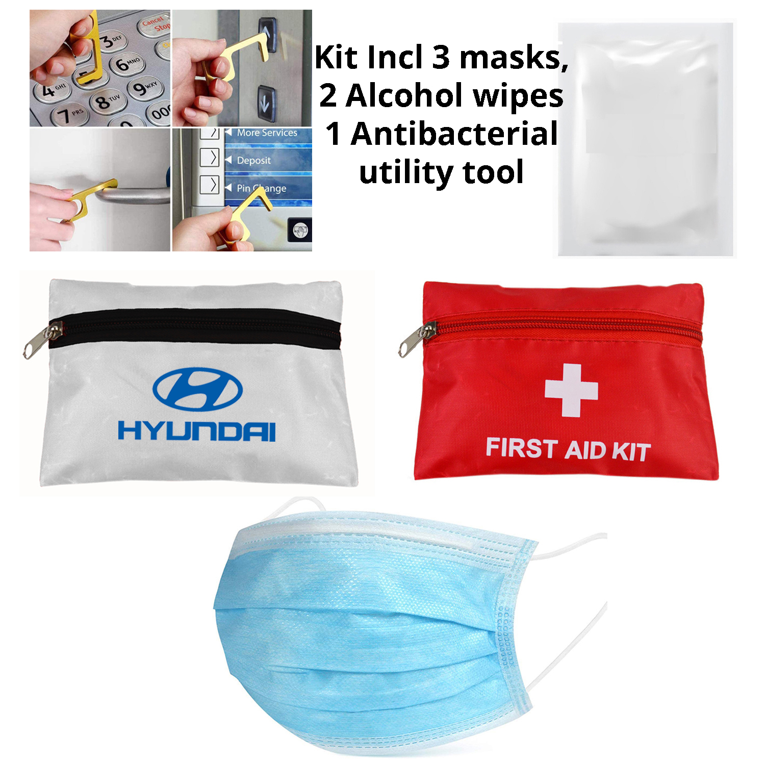 Ppe Kit 3 Surgical Masks, 2 Alcohol Wipes, 1 No-Touch Opener Tool - Imprinted Pouch 1