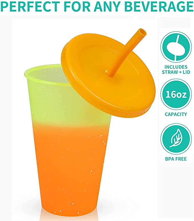 24 OZ Glitter Reusable Color Changing Cups w/ Lids & Straws in Cold Water 12