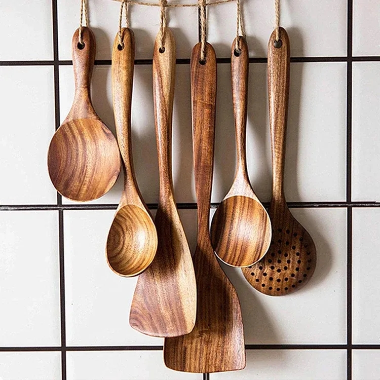 8 Pcs Eco-Friendly Natural Teak Wooden Spoon Spatula Set 3
